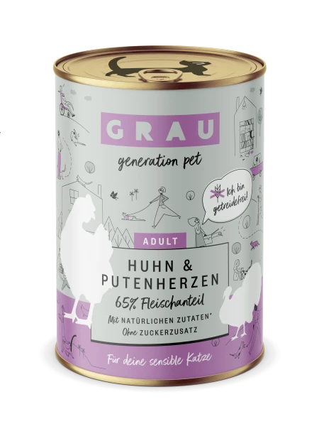 Grau | Huhn & Putenherzen | 6 Dosen Katzenfutter 1 Grau | Huhn & Putenherzen | 6 Dosen Katzenfutter