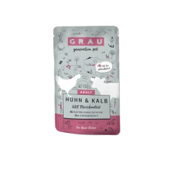 Grau | Huhn & Kalb | 16x 125 G Pouchbeutel Katzenfutter