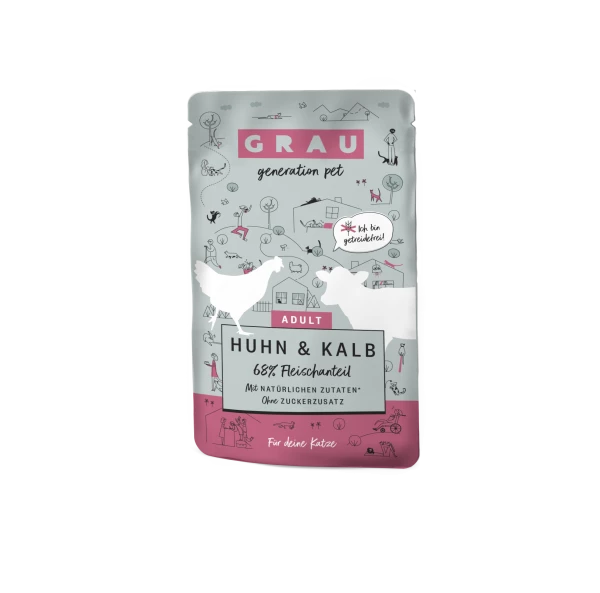 Grau | Huhn & Kalb | 16x 125 G Pouchbeutel Katzenfutter 1 Grau | Huhn & Kalb | 16x 125 G Pouchbeutel Katzenfutter
