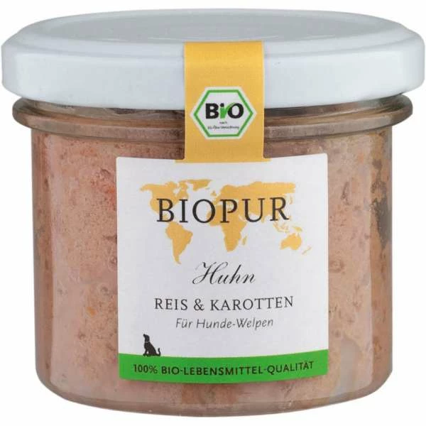 BIOPUR Dog Welpe | Mit Bio Huhn, Reis & Karotten | 6x100g Hundefutter 1 BIOPUR Dog Welpe | Mit Bio Huhn, Reis & Karotten | 6x100g Hundefutter