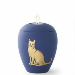 Völsing Tierurne Siena | Einfarbig | Mit Goldenem Katzen-Relief | Urne Mit Samtener Oberfläche Und Gedenklic